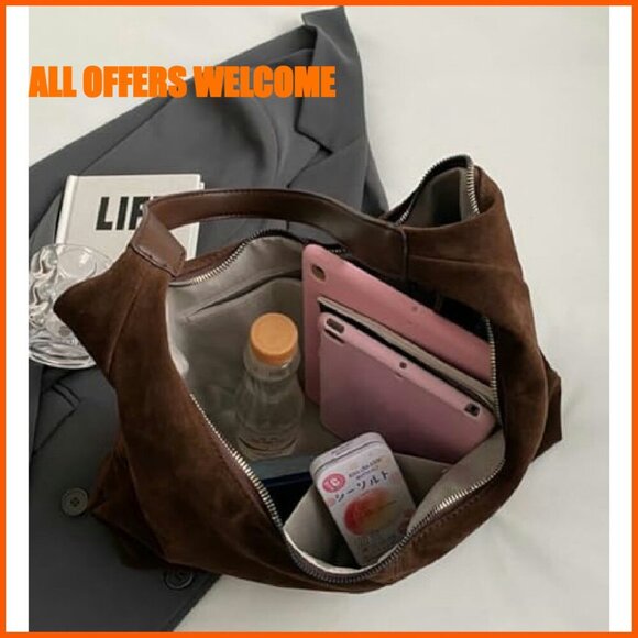 Suede Crescent Shoulder Tote Bag - Top Handle Crossbody Purse for Work Travel - Picture 4 of 8